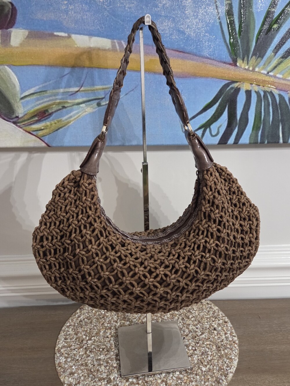 VTG Liz Claiborne Macrame Crescent Bag Brown Knotted Rope Boho Crochet Shoulder